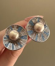 Retro Colorblock Copper Overgild Zircon Pearl Shell Stud Earrings