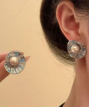 Retro Colorblock Copper Overgild Zircon Pearl Shell Stud Earrings