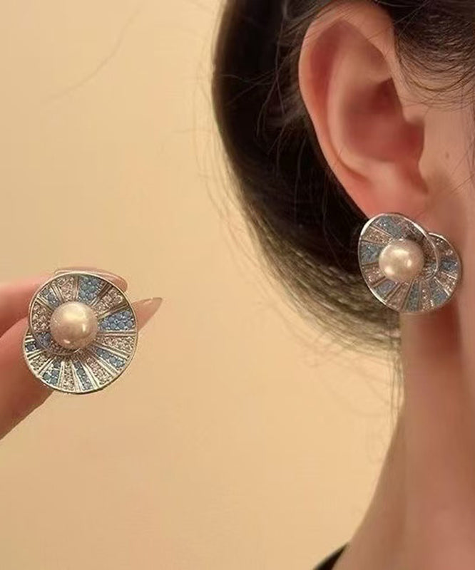 Retro Colorblock Copper Overgild Zircon Pearl Shell Stud Earrings
