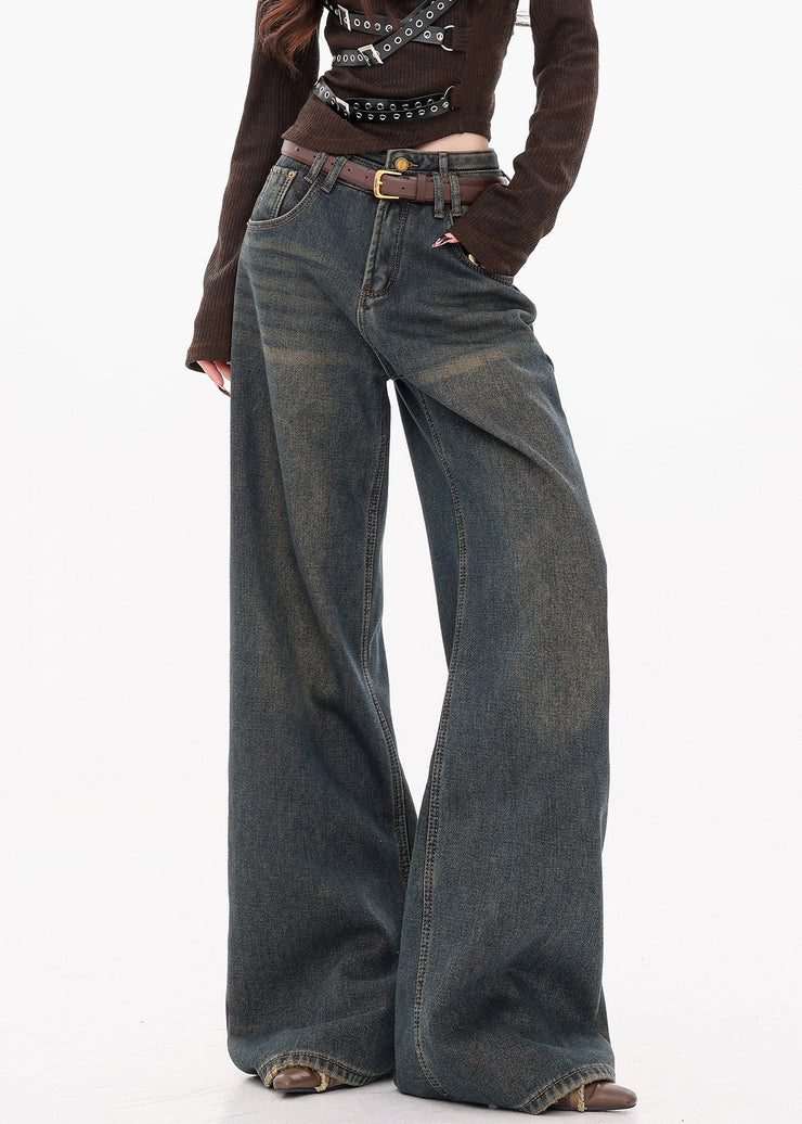 Retro Dark Blue Pockets High Waist Denim Wide Leg Pants Fall