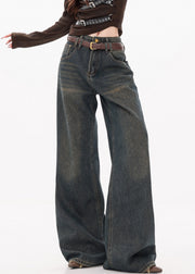 Retro Dark Blue Pockets High Waist Denim Wide Leg Pants Fall