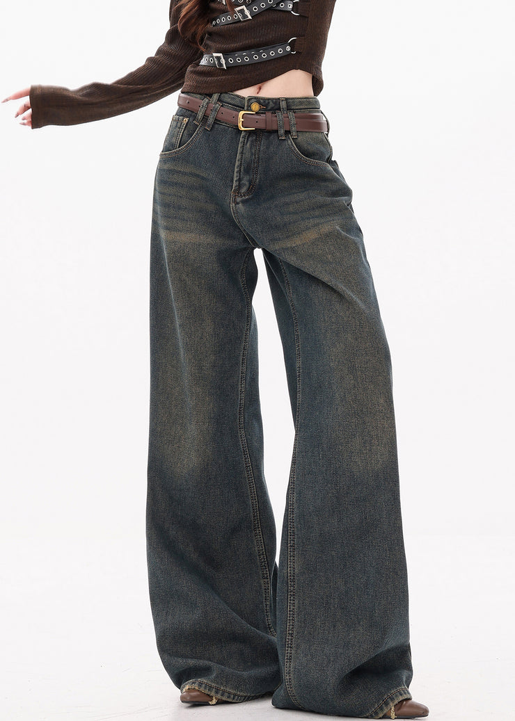 Retro Dark Blue Pockets High Waist Denim Wide Leg Pants Fall