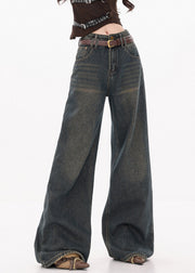 Retro Dark Blue Pockets High Waist Denim Wide Leg Pants Fall