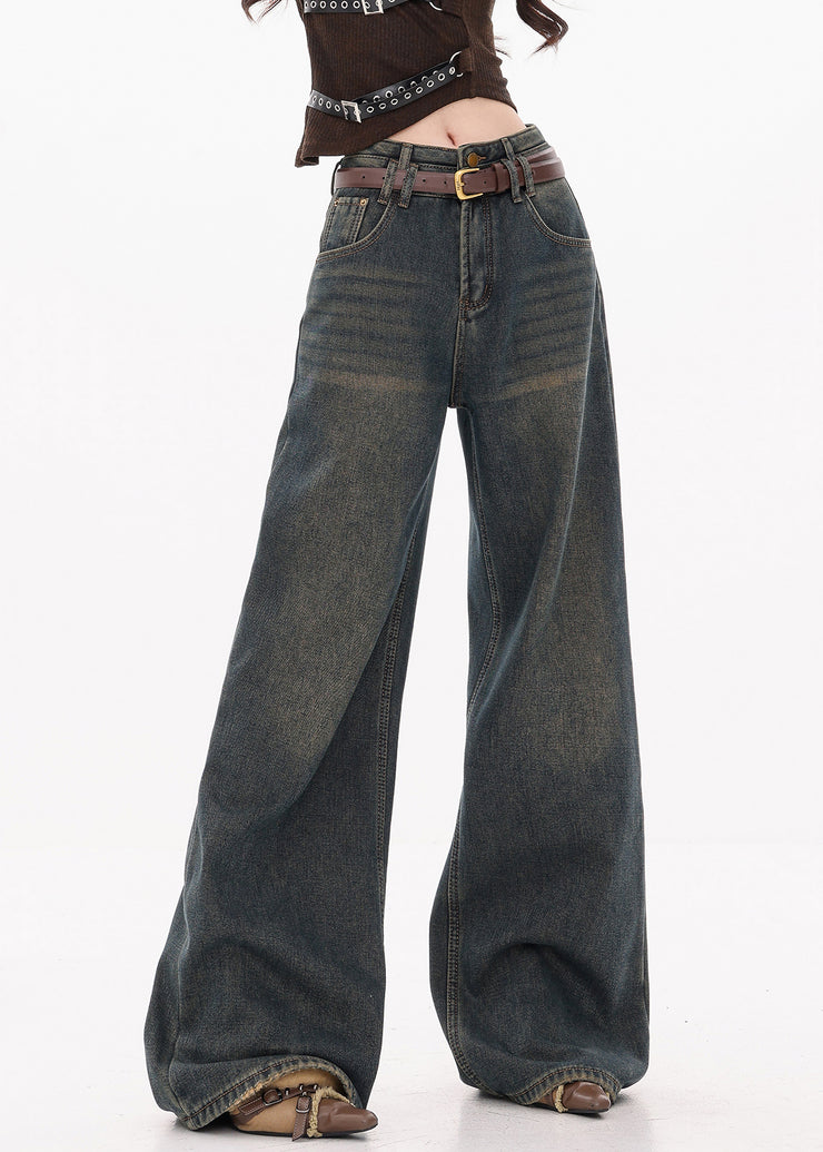 Retro Dark Blue Pockets High Waist Denim Wide Leg Pants Fall