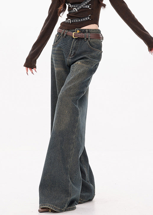 Retro Dark Blue Pockets High Waist Denim Wide Leg Pants Fall