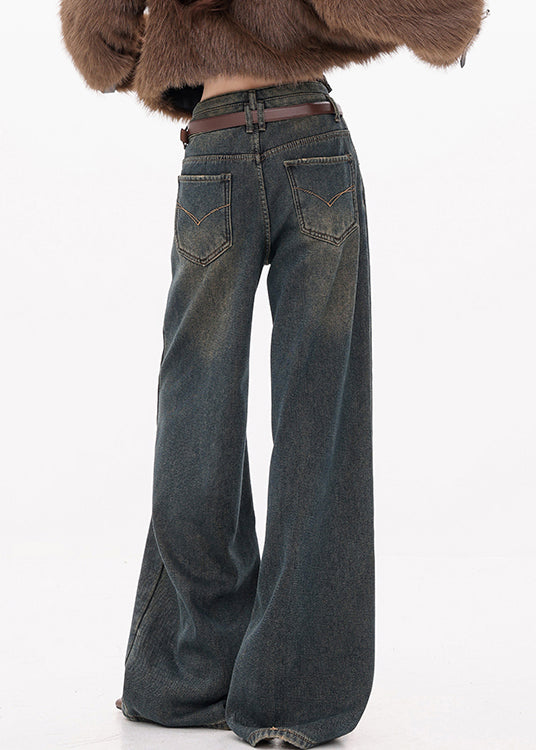 Retro Dark Blue Pockets High Waist Denim Wide Leg Pants Fall