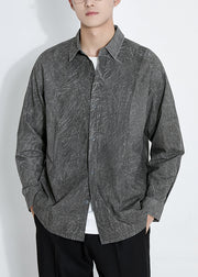 Retro Dark Gray Button Tie Dye Cotton Men Shirts Long Sleeve