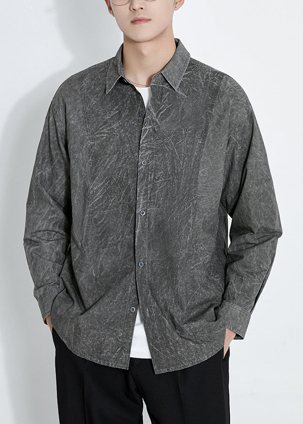 Retro Dark Gray Button Tie Dye Cotton Men Shirts Long Sleeve