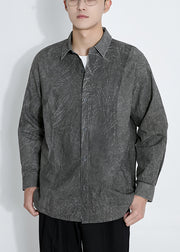 Retro Dark Gray Button Tie Dye Cotton Men Shirts Long Sleeve