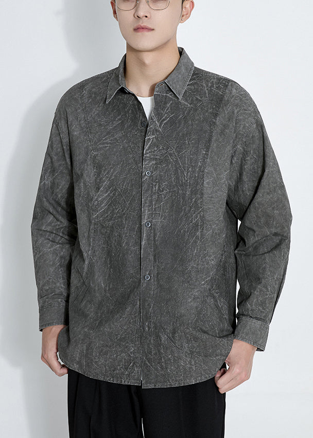 Retro Dark Gray Button Tie Dye Cotton Men Shirts Long Sleeve