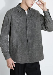 Retro Dark Gray Button Tie Dye Cotton Men Shirts Long Sleeve
