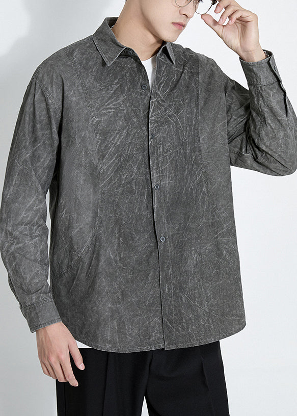 Retro Dark Gray Button Tie Dye Cotton Men Shirts Long Sleeve