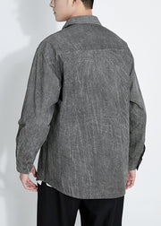 Retro Dark Gray Button Tie Dye Cotton Men Shirts Long Sleeve