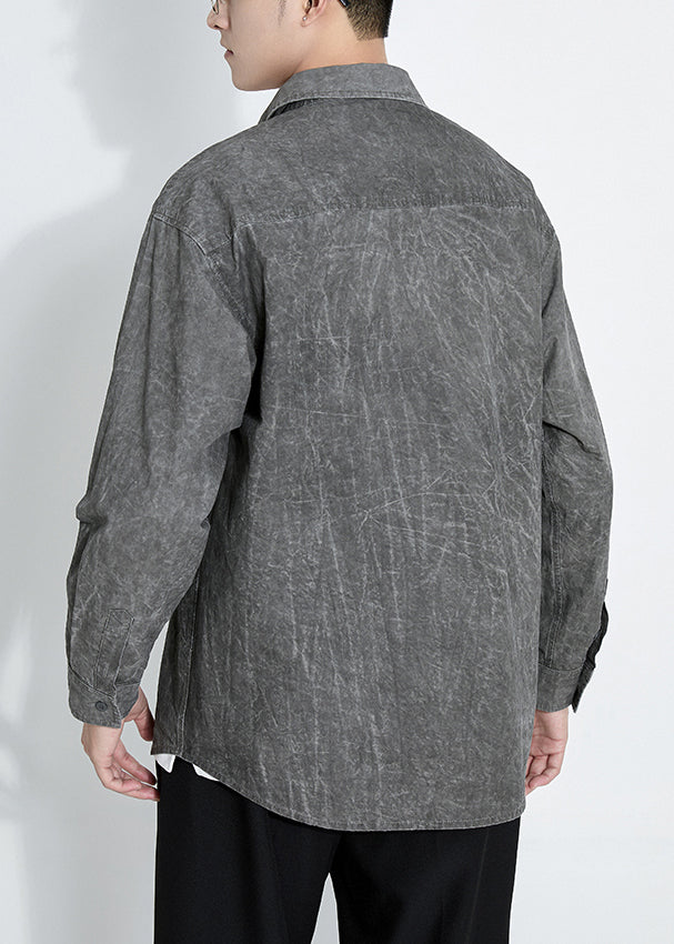 Retro Dark Gray Button Tie Dye Cotton Men Shirts Long Sleeve