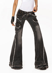 Retro Dark Grey High Waist Pockets Patchwork Jeans Summer