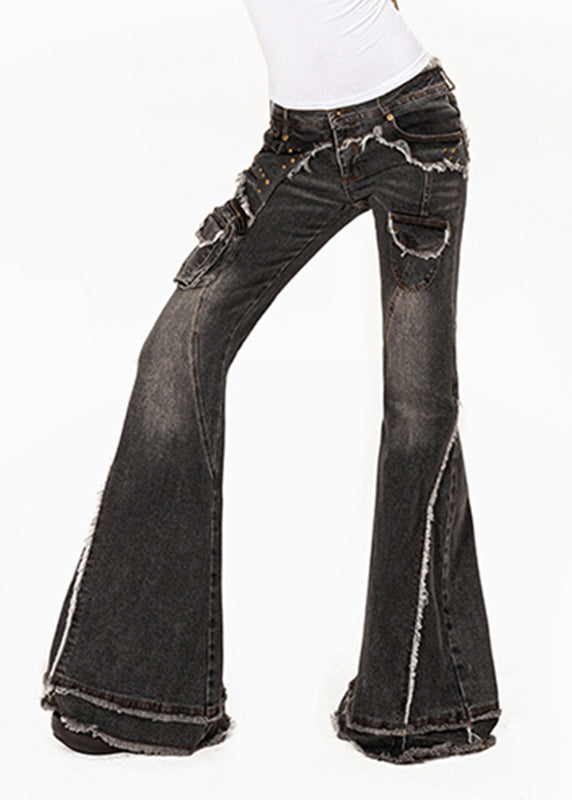 Retro Dark Grey High Waist Pockets Patchwork Jeans Summer