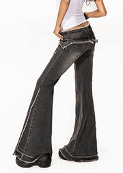 Retro Dark Grey High Waist Pockets Patchwork Jeans Summer