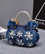 Retro Denim Blue Flower Rhinestone Tote Handbag