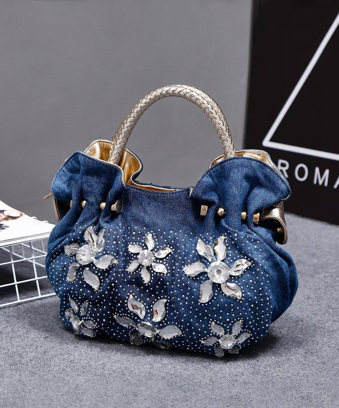 Retro Denim Blue Flower Rhinestone Tote Handbag