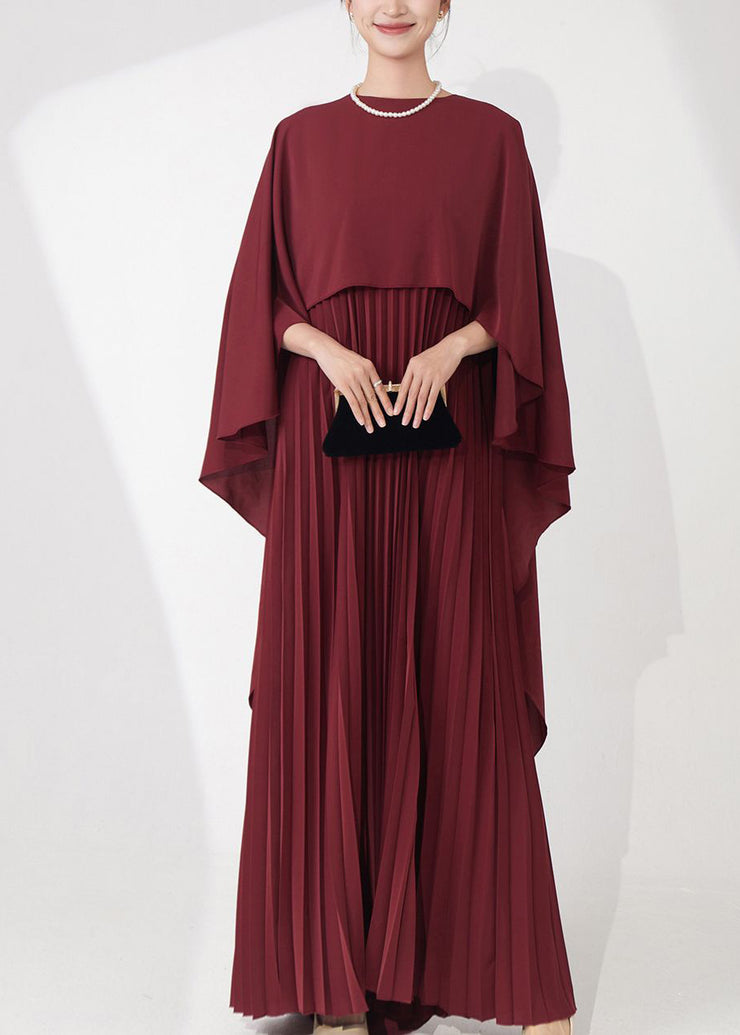 Retro Elegance Burgundy Cape-Style Pleated Dinner Gown Fall