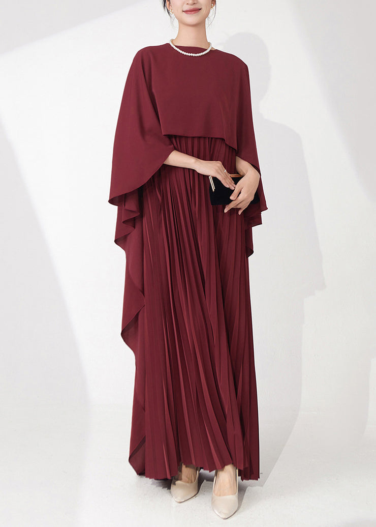 Retro Elegance Burgundy Cape-Style Pleated Dinner Gown Fall