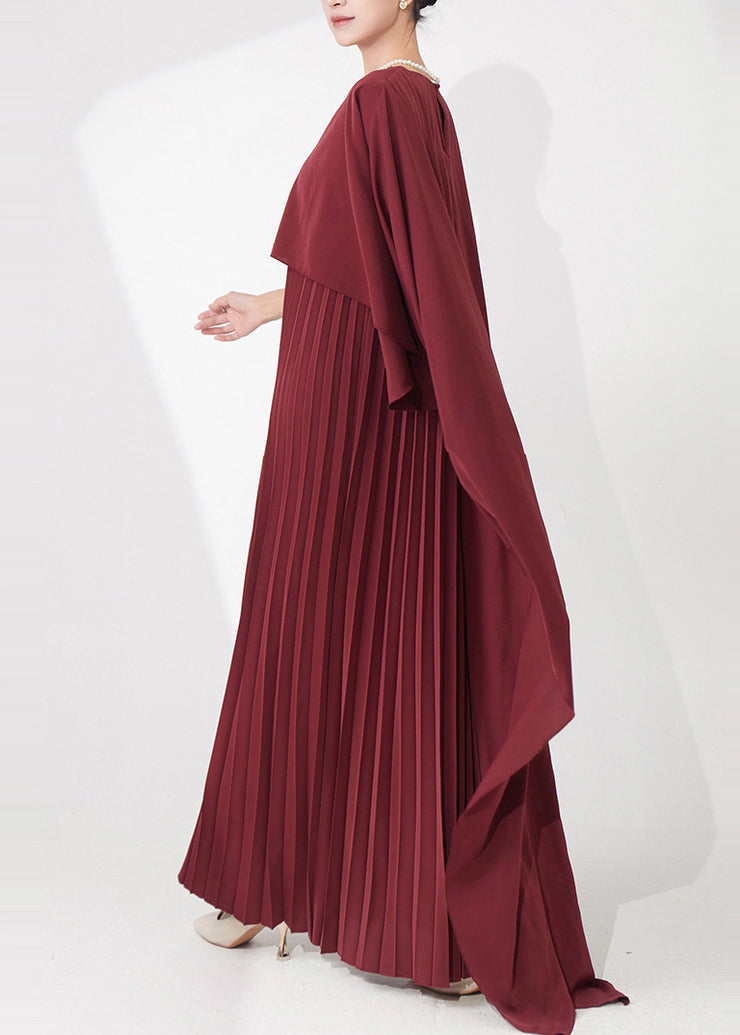 Retro Elegance Burgundy Cape-Style Pleated Dinner Gown Fall