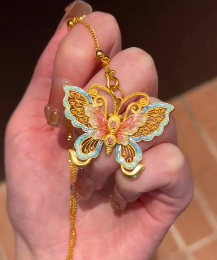 Retro Gold Ancient Gold Butterfly Enamel Pendant Necklace