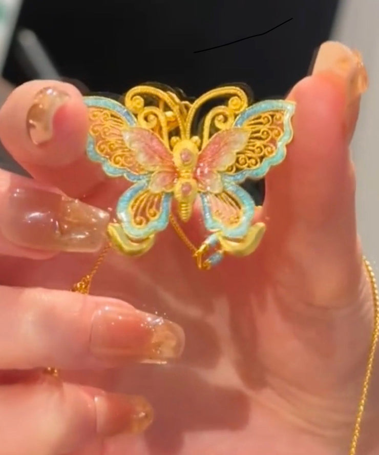 Retro Gold Ancient Gold Butterfly Enamel Pendant Necklace
