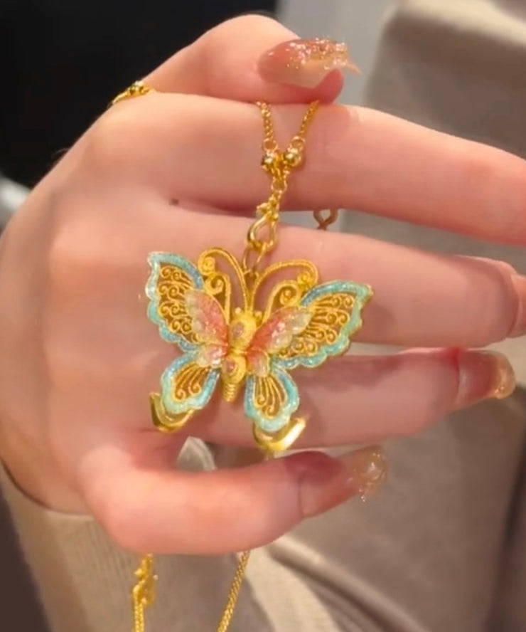 Retro Gold Ancient Gold Butterfly Enamel Pendant Necklace