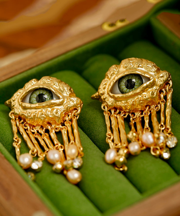 Retro Gold Copper Alloy Pearl Evil Eyes Tassel Drop Earrings