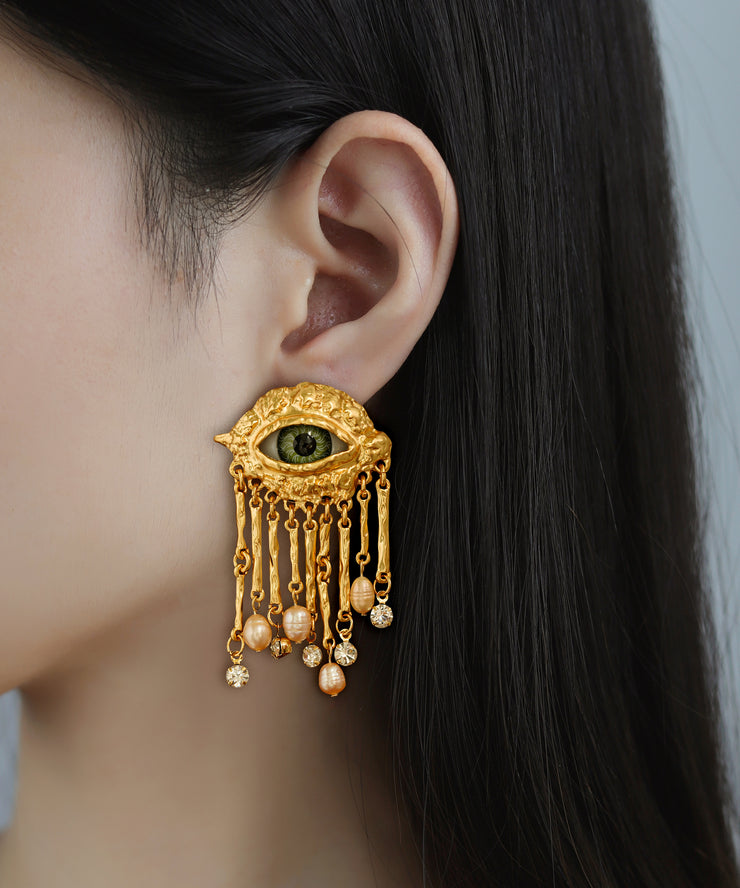 Retro Gold Copper Alloy Pearl Evil Eyes Tassel Drop Earrings