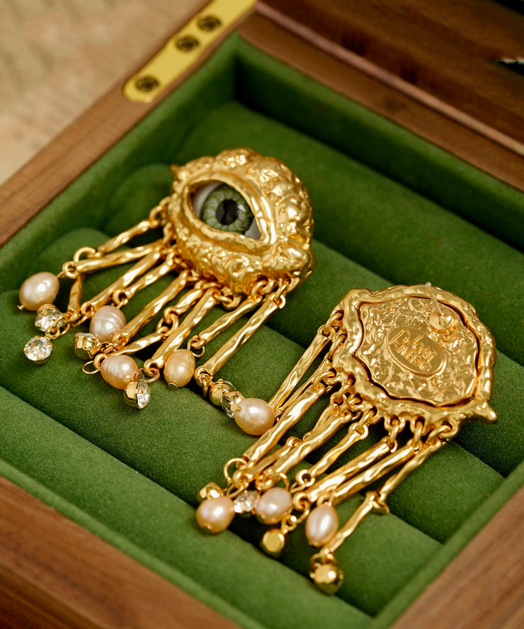 Retro Gold Copper Alloy Pearl Evil Eyes Tassel Drop Earrings