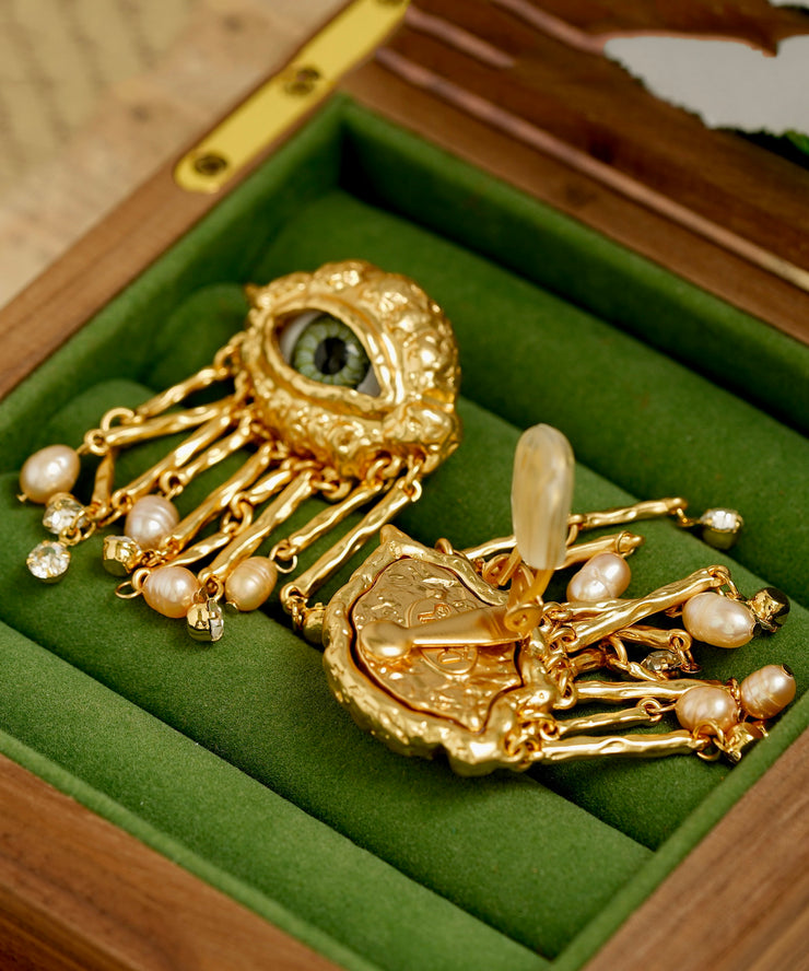 Retro Gold Copper Alloy Pearl Evil Eyes Tassel Drop Earrings