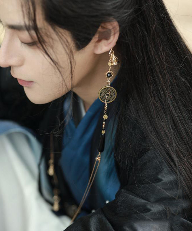 Retro Gold Copper Glass Beads Copper Coin Tassel Drop Earrings