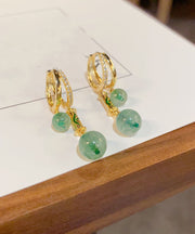 Retro Gold Copper Overgild Zircon Bamboo Joint Gem Stone Drop Earrings