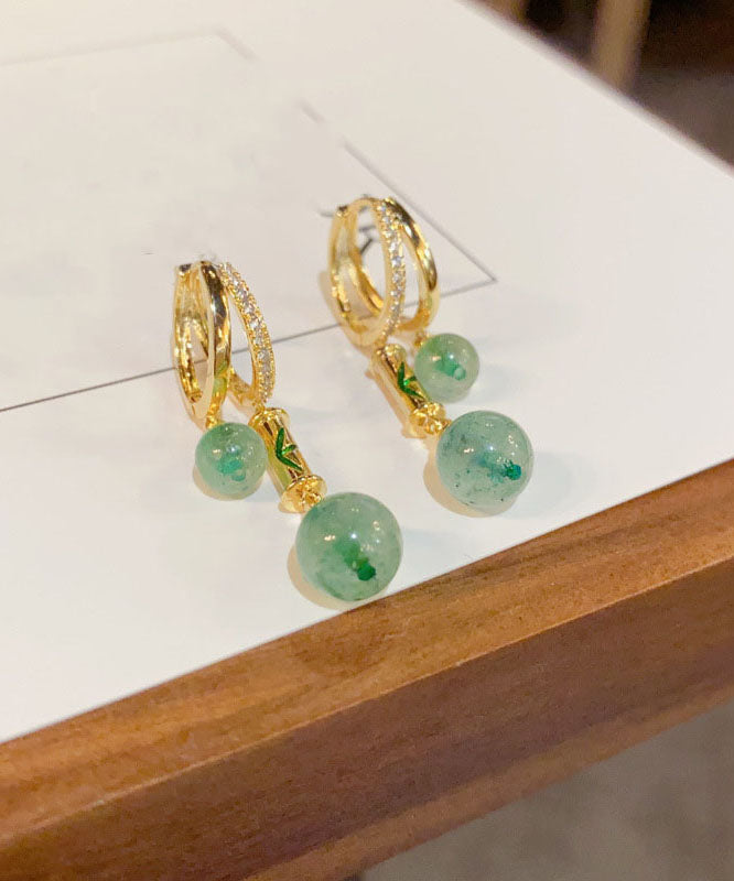 Retro Gold Copper Overgild Zircon Bamboo Joint Gem Stone Drop Earrings