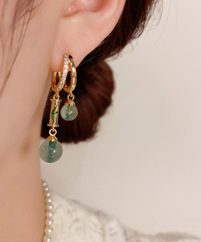 Retro Gold Copper Overgild Zircon Bamboo Joint Gem Stone Drop Earrings