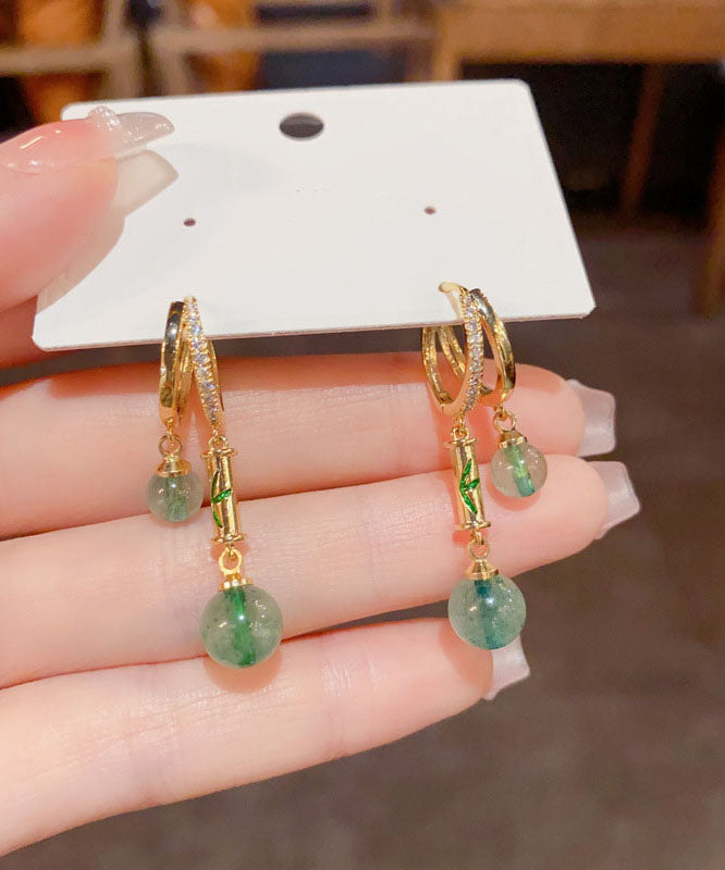 Retro Gold Copper Overgild Zircon Bamboo Joint Gem Stone Drop Earrings