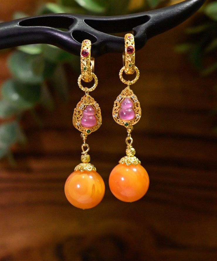 Retro Gold Sterling Silver Overgild Beeswax Calabash Drop Earrings