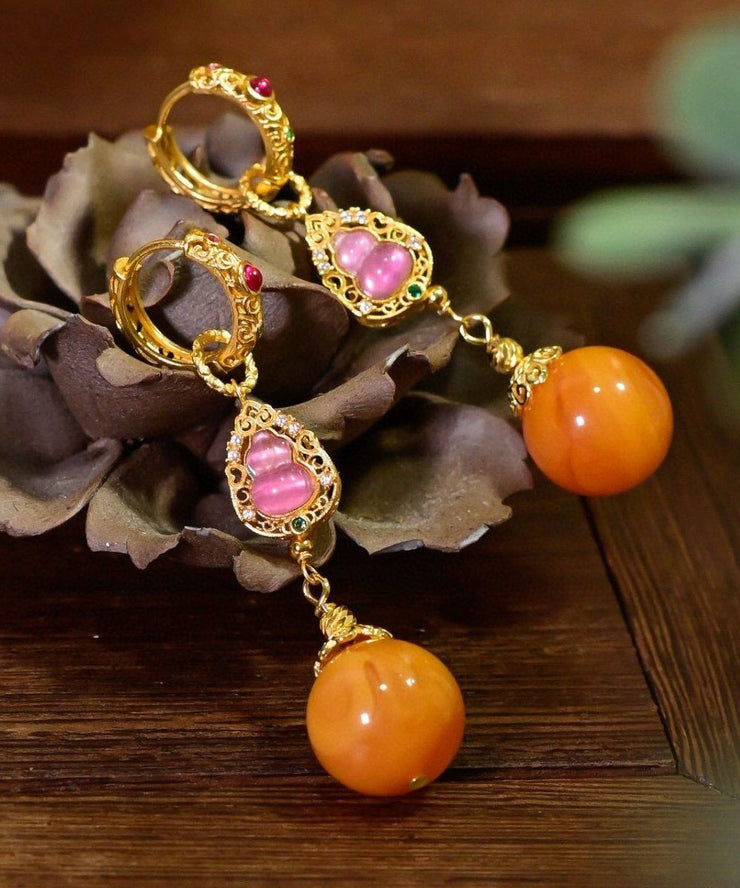 Retro Gold Sterling Silver Overgild Beeswax Calabash Drop Earrings