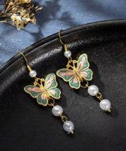 Retro Gold Sterling Silver Overgild Butterfly Enamel Tassel Drop Earrings