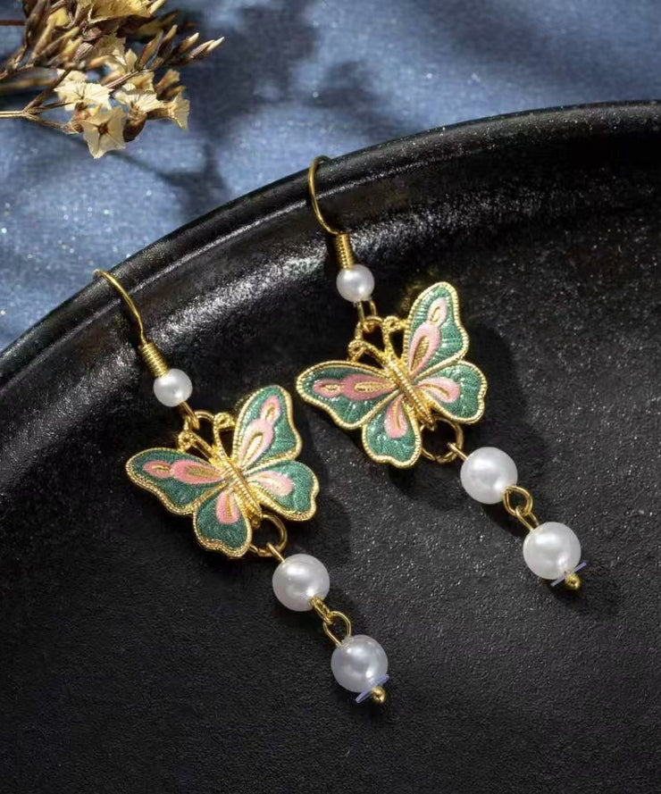 Retro Gold Sterling Silver Overgild Butterfly Enamel Tassel Drop Earrings