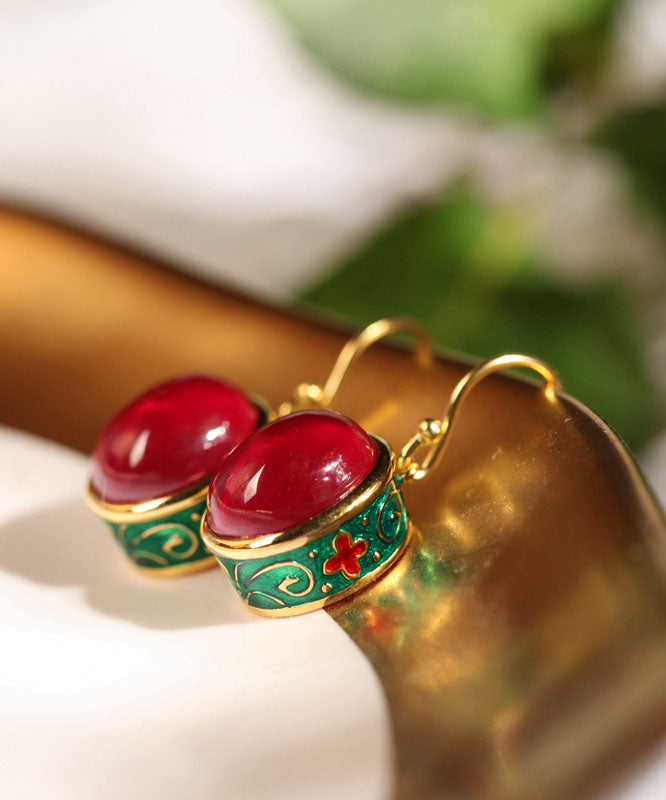 Retro Gold Sterling Silver Overgild Enamel Agate Drop Earrings