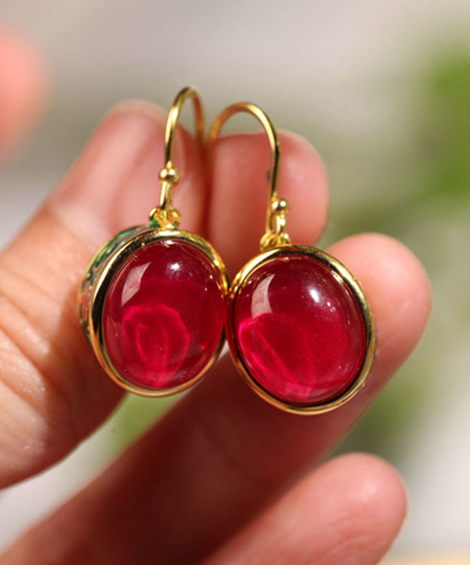Retro Gold Sterling Silver Overgild Enamel Agate Drop Earrings