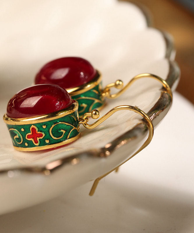 Retro Gold Sterling Silver Overgild Enamel Agate Drop Earrings