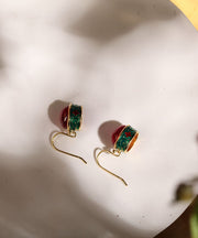 Retro Gold Sterling Silver Overgild Enamel Agate Drop Earrings