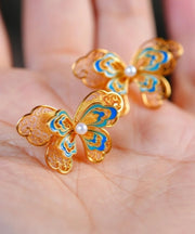 Retro Gold Sterling Silver Overgild Enamel Butterfly Pearl Stud Earrings