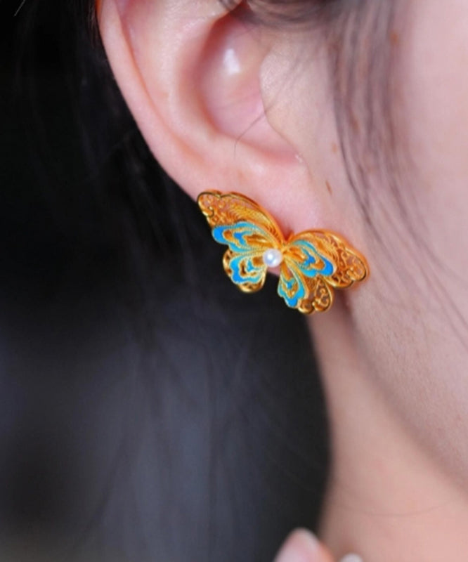 Retro Gold Sterling Silver Overgild Enamel Butterfly Pearl Stud Earrings