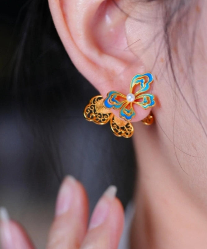 Retro Gold Sterling Silver Overgild Enamel Butterfly Pearl Stud Earrings