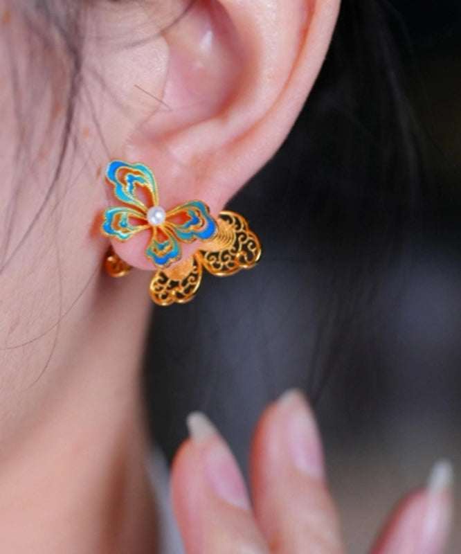 Retro Gold Sterling Silver Overgild Enamel Butterfly Pearl Stud Earrings